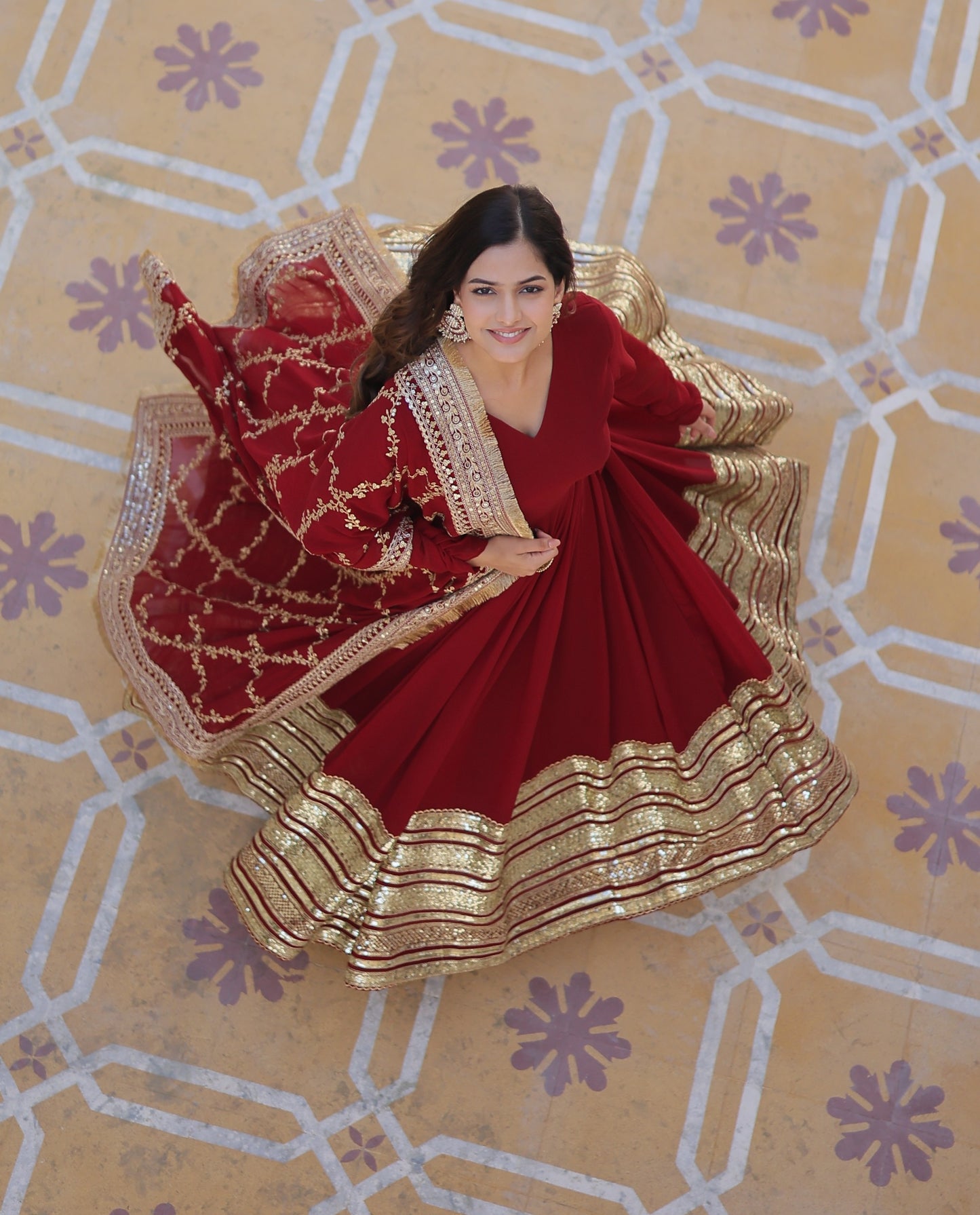 💃🏽 Premium Designer Readymade Gown with Dupatta – Maroon Elegance 💃🏽