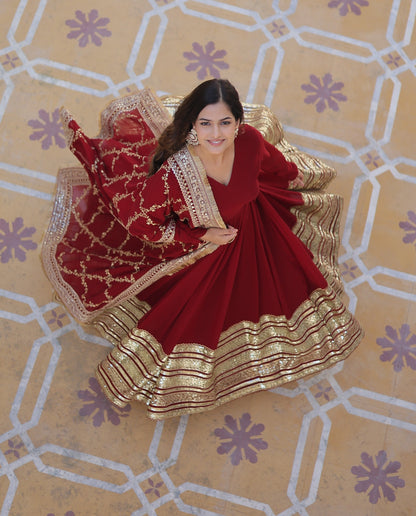 💃🏽 Premium Designer Readymade Gown with Dupatta – Maroon Elegance 💃🏽