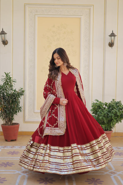 💃🏽 Premium Designer Readymade Gown with Dupatta – Maroon Elegance 💃🏽