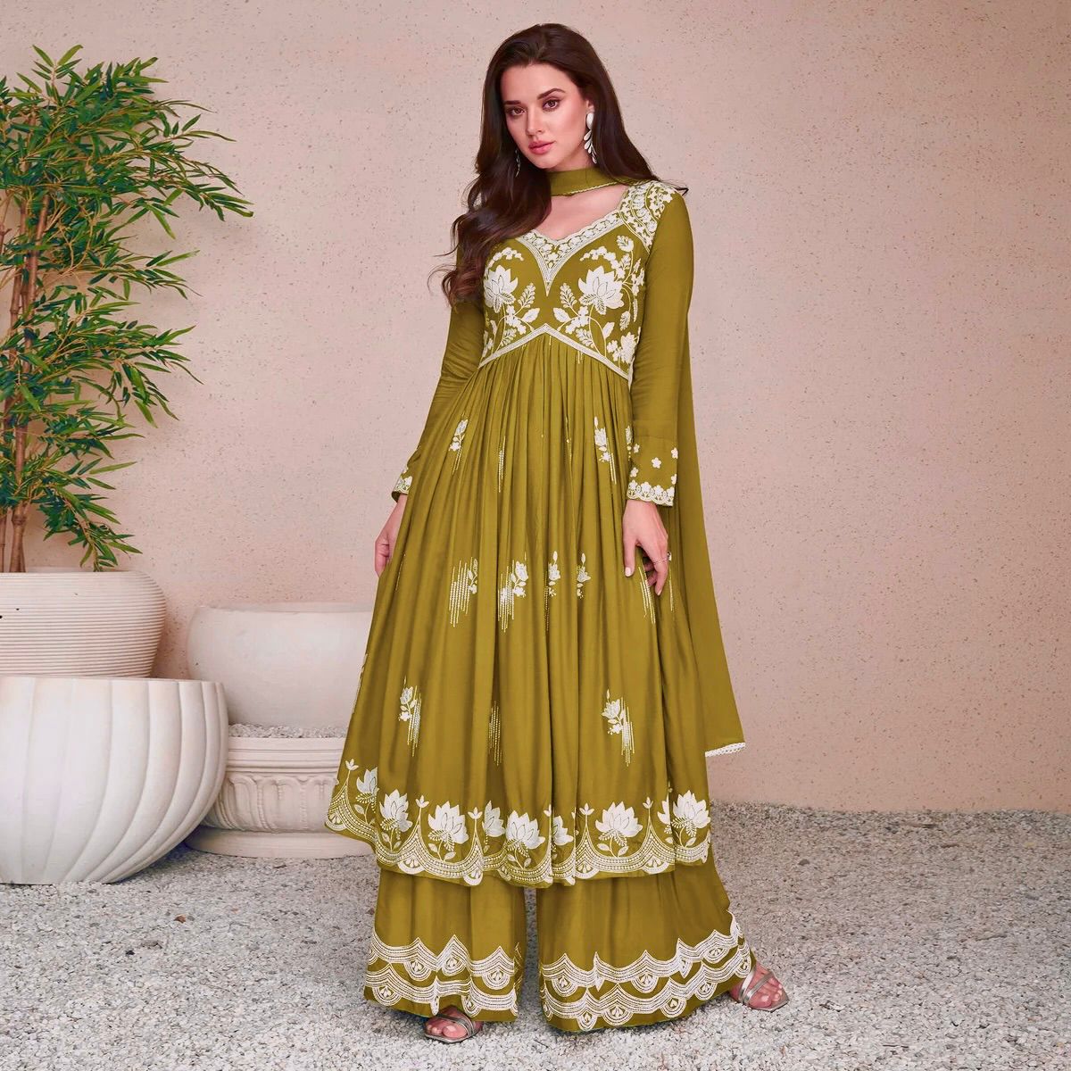 👗 Premium Chinon Silk 3-Piece Anarkali Gown Set with Embroidered Plazzo & Dupatta