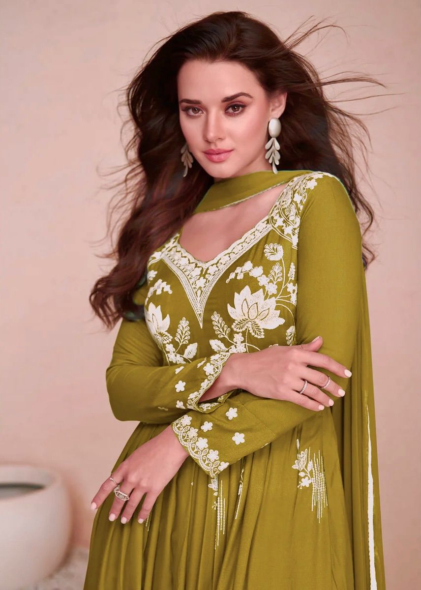 👗 Premium Chinon Silk 3-Piece Anarkali Gown Set with Embroidered Plazzo & Dupatta