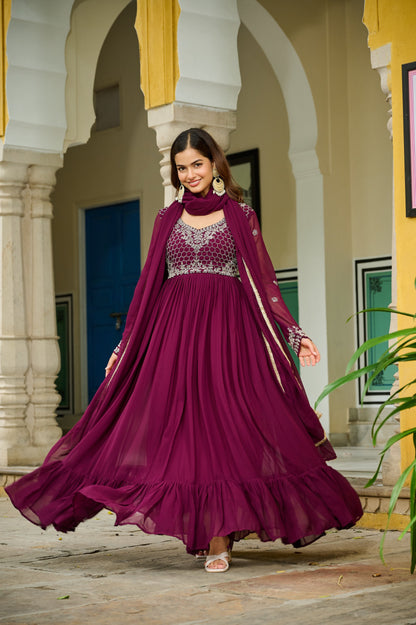 💃 Premium Designer Readymade Gown with Dupatta — Wine Elegance Collection 💃