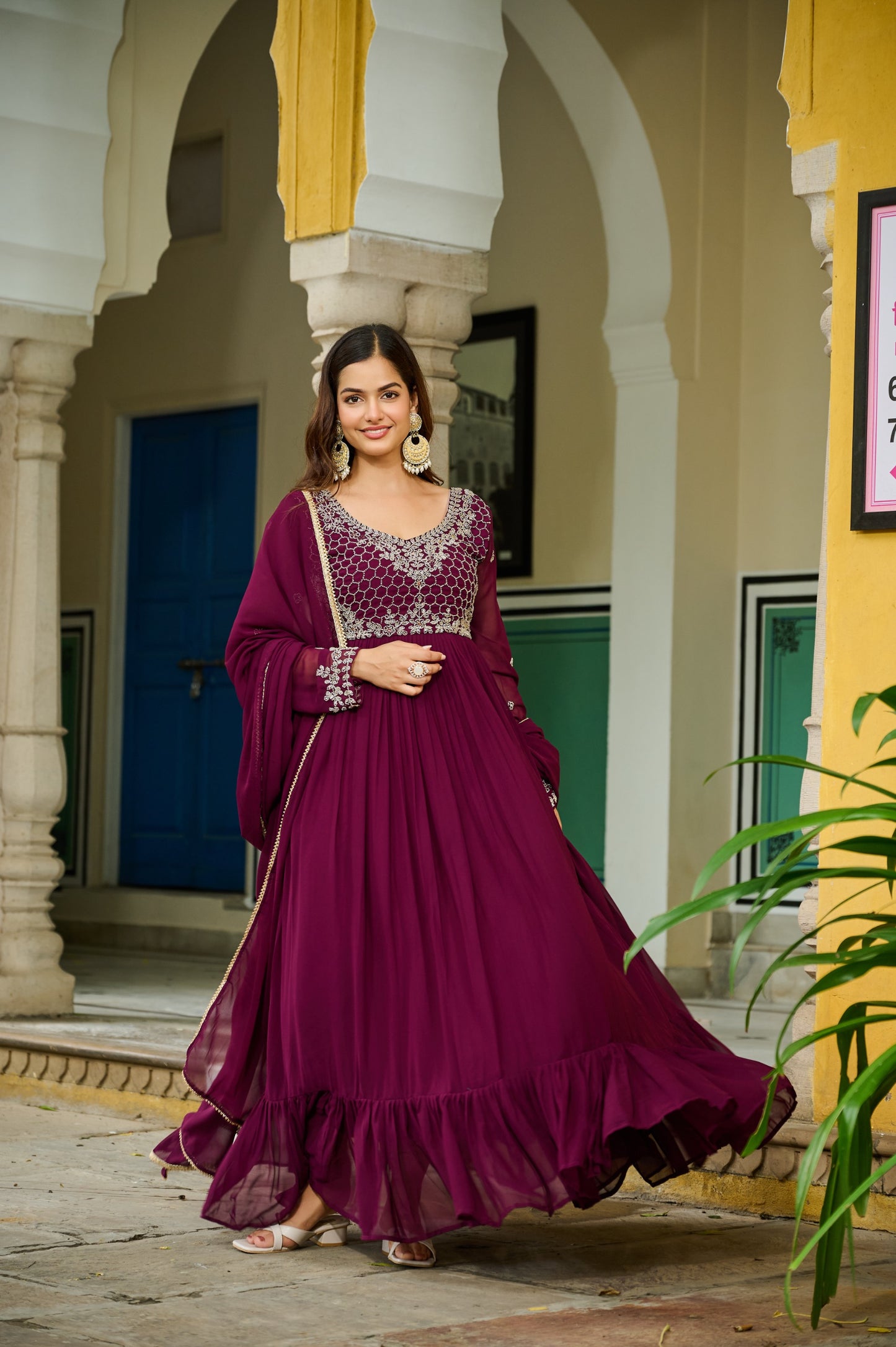 💃 Premium Designer Readymade Gown with Dupatta — Wine Elegance Collection 💃