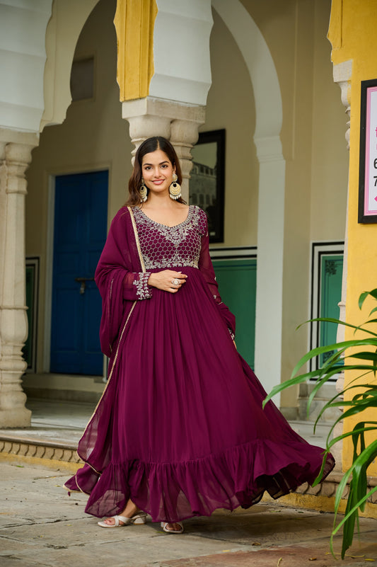 💃 Premium Designer Readymade Gown with Dupatta — Wine Elegance Collection 💃