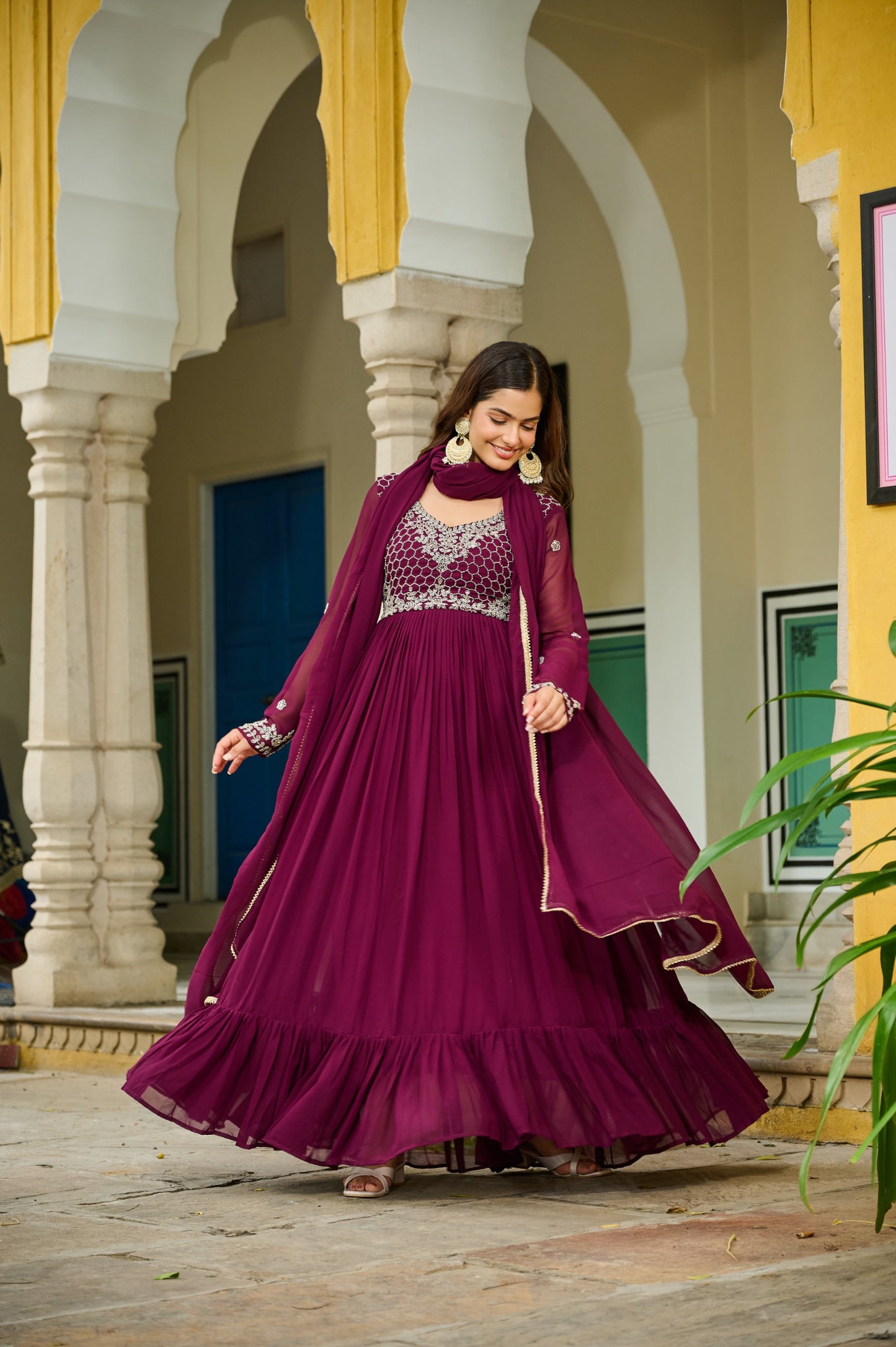 💃 Premium Designer Readymade Gown with Dupatta — Wine Elegance Collection 💃