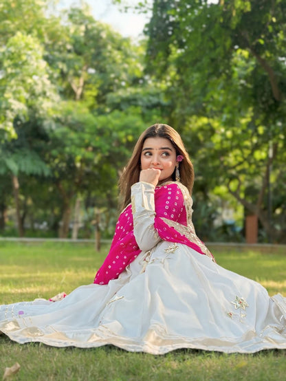 ✨ Premium Handmade Chinon Anarkali Palazzo Set with Bandhani Dupatta ✨