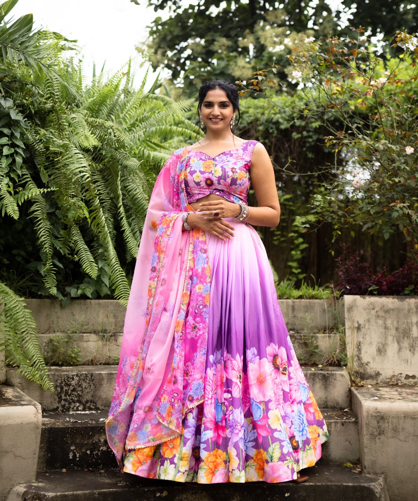 🌸 Vibrant Floral & Geometric Printed Chinon Lehenga Set 💃