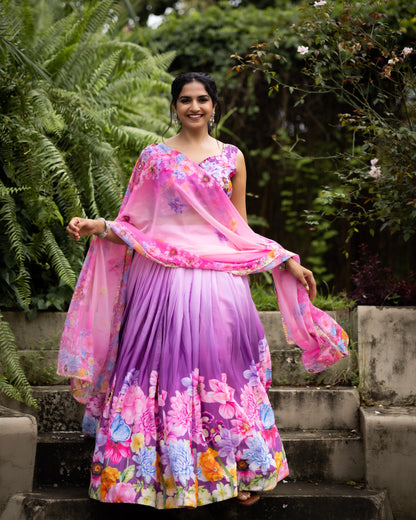 🌸 Vibrant Floral & Geometric Printed Chinon Lehenga Set 💃