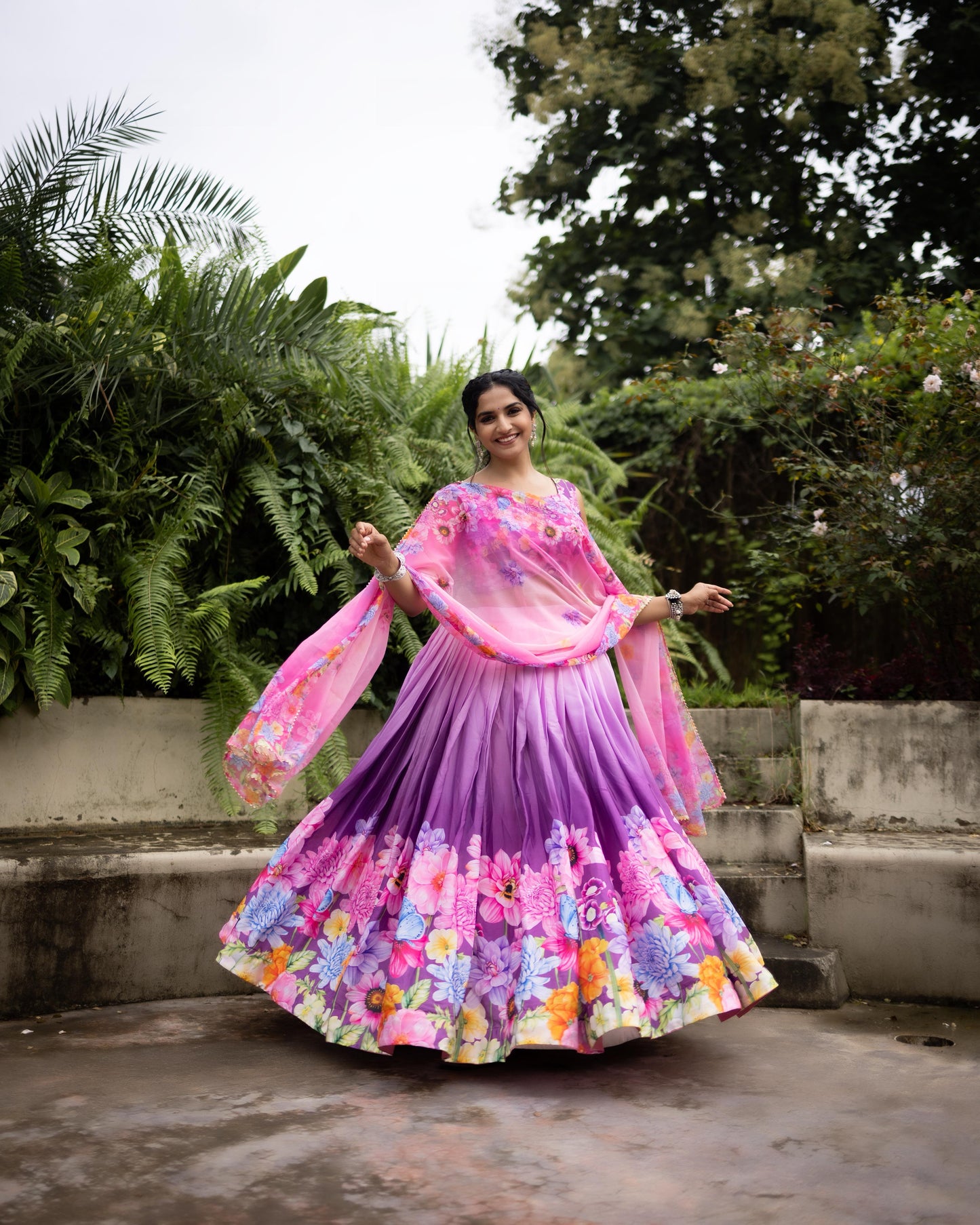 🌸 Vibrant Floral & Geometric Printed Chinon Lehenga Set 💃