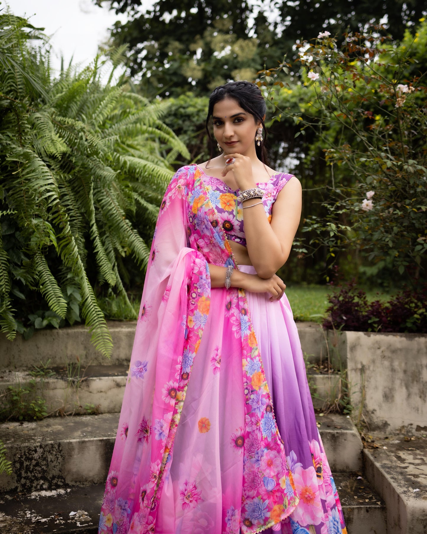 🌸 Vibrant Floral & Geometric Printed Chinon Lehenga Set 💃
