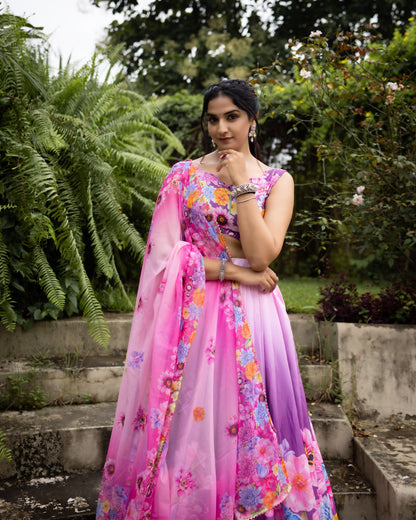 🌸 Vibrant Floral & Geometric Printed Chinon Lehenga Set 💃