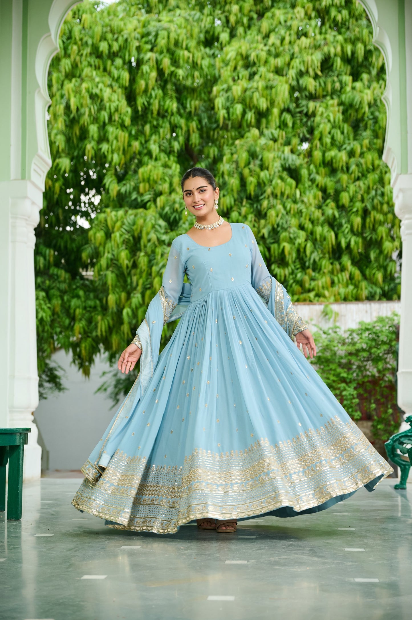 👗 Premium Faux Georgette Embroidered Gown with Dupatta 💃